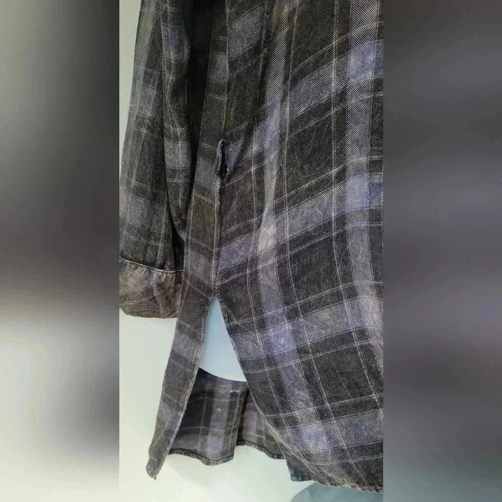 Mystree Blue & Black Plaid Half Button Hi Lo Collar Tunic Top size large - Picture 7 of 11